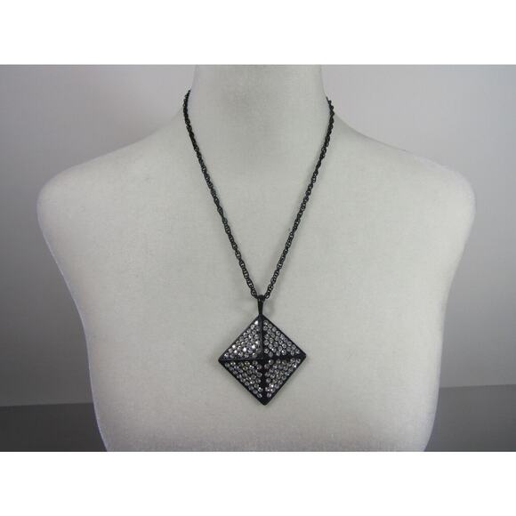Black Diamond Inset Rhinestone Chain Pendant Necklace 30" Retro Witchy Goth - Picture 1 of 6
